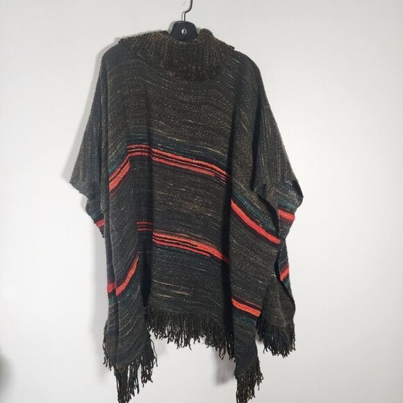Striped Wool Poncho Fringe Boho Hippie Brown Red OS - Picture 3 of 12